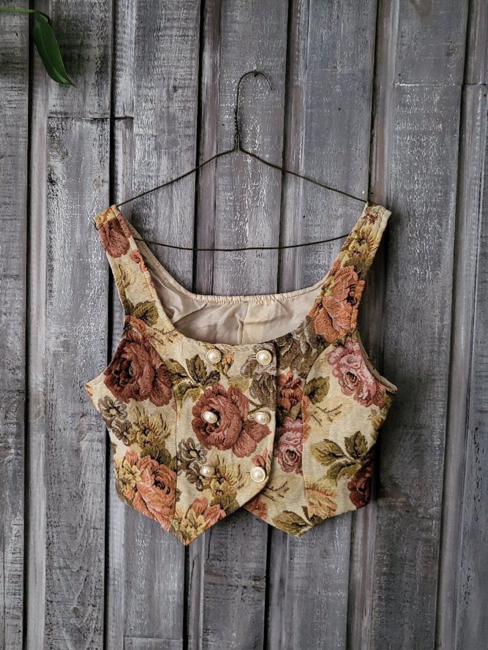 Vintage Crop Vest Floral Tapestry Corset Pearl Button Cottagecore